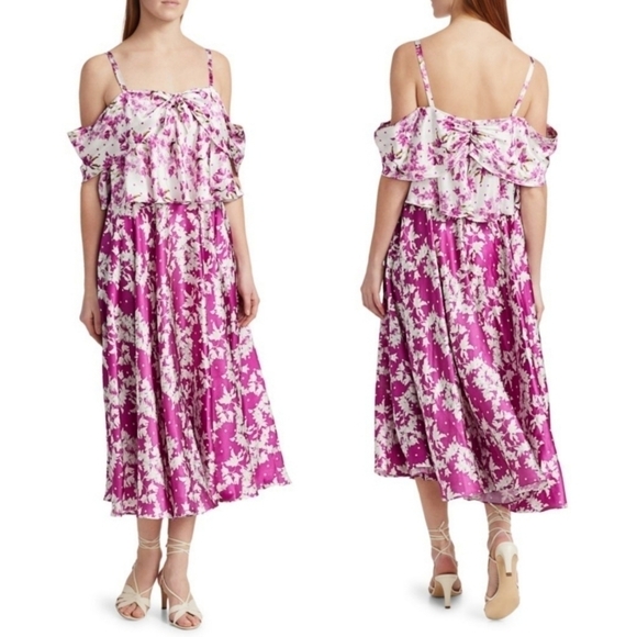 New AMUR Off-The-Shoulder Magenta Popover Waist Midi Dress NWT Size 2 - Picture 1 of 16